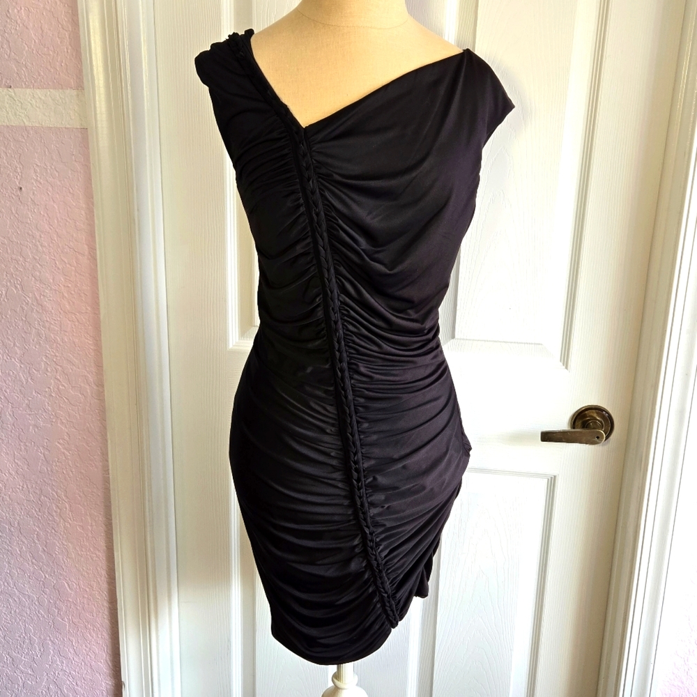 Va Va Voom Black Ruched Dress Vintage Bodycon Size‎ L Asymmetrical Party 90s New